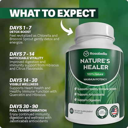 Rosabella Natural Healer – Organic Superfood Immune & Digestive Support – 60 Capsules – Plant-Based Supplement for Detox, Bloating Relief, and Gut Wellness for Women & Men