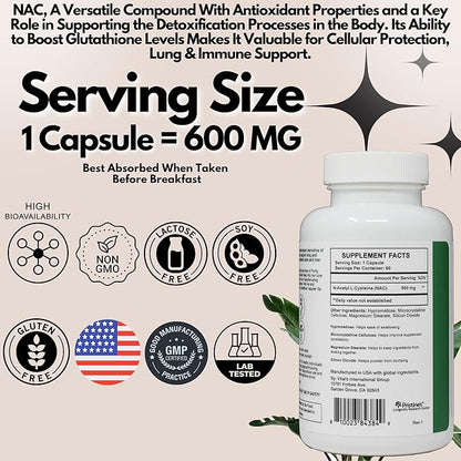 PRISTINE'S N-Acetyl L-Cysteine (NAC) Immunity, Lung, & Liver Support Supplement Capsules - 600MG 60 Day Supply - Potent Antioxidant - Vegan, Gluten Free, Non GMO