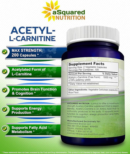 aSquared Nutrition Acetyl L-Carnitine 1000mg Max Strength - 200 Veggie Capsules - High Dosage Acetyl L Carnitine HCL (ALCAR) Supplement Pills to Support Pure Energy, Brain Function & Fatty Acid
