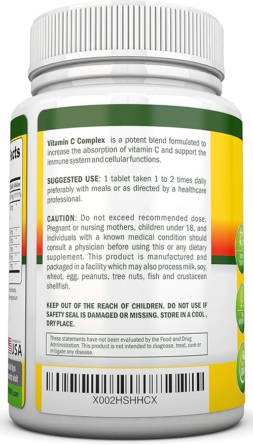 Super Vitamin C Complex - 1695Mg - 180 Tablets - With 530 mg Natural Citrus Bioflavonoids, Rose Hips, Rutin, Quercetin & Hesperidin For Increased Absorption - Advanced Immune Support - Non-GMO