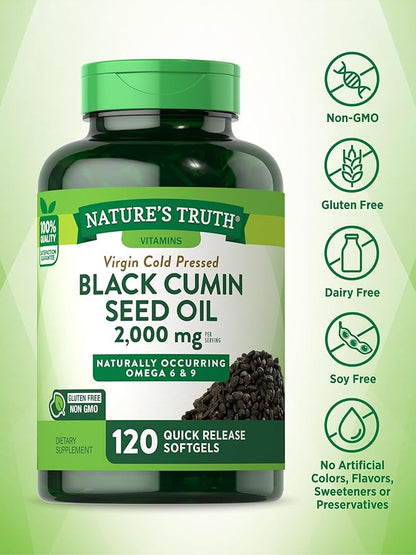 Nature's Truth Black Seed Oil Pills | 2,000mg | 120 Softgels | Virgin Cold Pressed Cumin | Non-GMO and Gluten Free Supplement