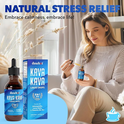 Kava Kava Extract Liquid Drops with Ashwagandha Lemon Balm L-Theanine, High Potency Kava Root Extract Tincture Supplement for Relaxation, 2 Fl Oz