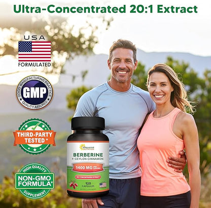 aSquared Nutrition Berberine with Ceylon Cinnamon Supplement - 1400mg Max Strength Complex - 120 Capsules - 1200mg HCl Powder Extract Plus Pills - Alternative to Gummies & Drops