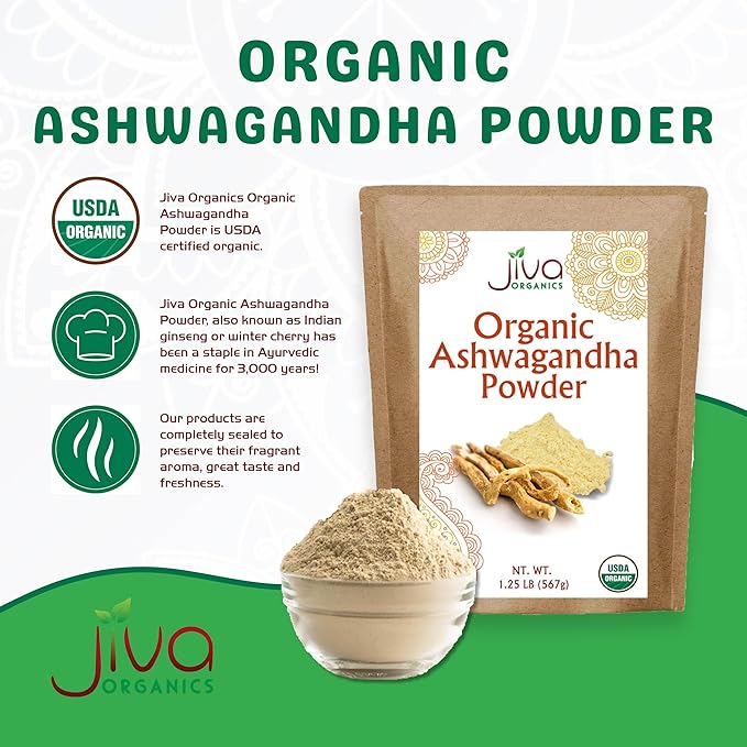Jiva Organics Ashwagandha Root Powder 1.25 Pound (20oz) - Gluten Free, Indian Ginseng, Raw, Pure, Non-GMO, Lab Tested Ayurvedic Indian Powder