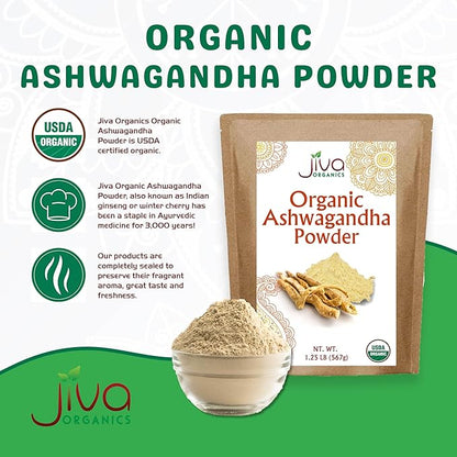 Jiva Organics Ashwagandha Root Powder 1.25 Pound (20oz) - Gluten Free, Indian Ginseng, Raw, Pure, Non-GMO, Lab Tested Ayurvedic Indian Powder