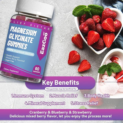 Magnesium Glycinate Gummies 400mg with L-Threonine 200mg - Sugar-Free Magnesium Potassium Supplement with Vitamin D, B6, CoQ10 for Muscle - 60 Mixed Berry Flavored Gummies