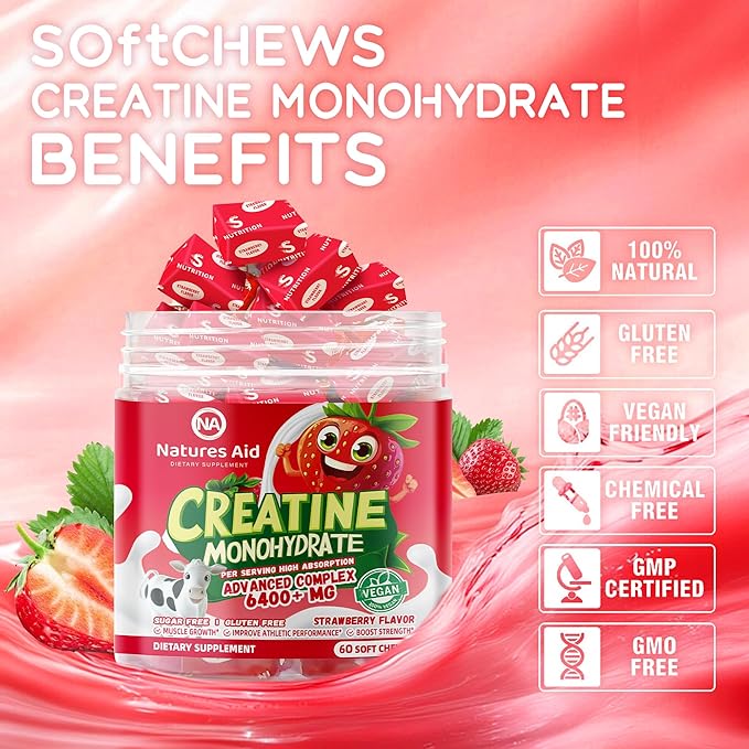 Creatine Monohydrate Chews Complex for Men & Women -Advanced Formula W/L-Taurine + Vitamin B12, Sugar Free Chewable Supplement,60 Strawberry Softchews.
