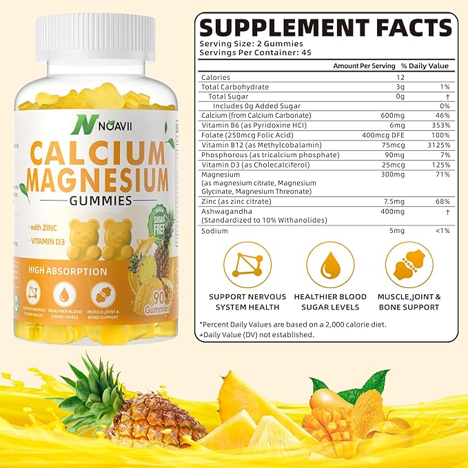 Calcium Magnesium Zinc Gummies with Vitamin D3, ashwagandha Supplement - High Potency Enhanced Absorption - Pineapple Flavor-180 Count