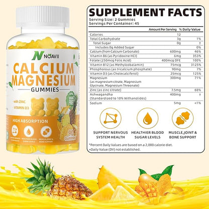 Calcium Magnesium Zinc Gummies with Vitamin D3, ashwagandha Supplement - High Potency Enhanced Absorption - Pineapple Flavor-90 Count