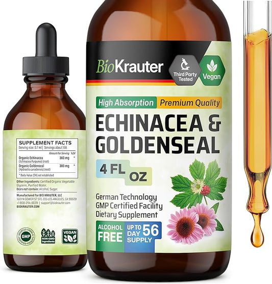 BIO KRAUTER Echinacea and Goldenseal Root Liquid Extract - Natural Immune Support - Echinacea Drops with Goldenseal - Vegan, Alcohol & Sugar Free Tincture - 4 Fl.Oz.