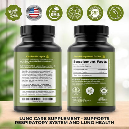 Mullein Leaf 1000mg, 120 Capsules, Lung Detox for Smokers, Lung Cleanse Supplement, Supports Respiratory Function Health, Promotes Mucous Membranes | Ear Health, Mucus Relief Herbal Pills