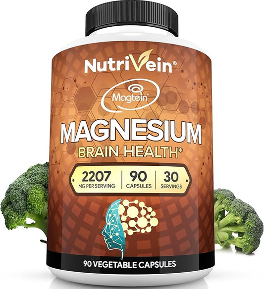 Nutrivein Premium Magnesium L-Threonate Supplement (Magtein) 2207 mg - 90 Caps (3 a Day): High-Absorption Magnesium Threonate for Brain, Sleep, Mood & Recovery