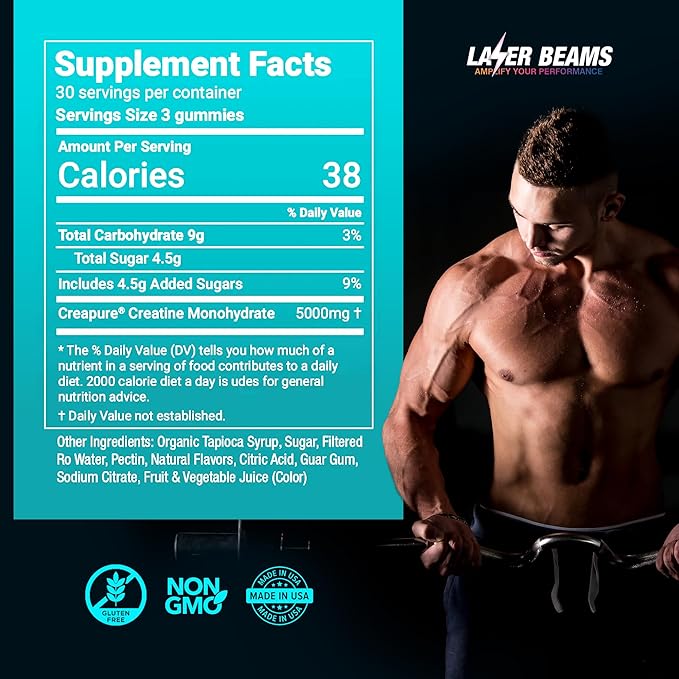Creatine Monohydrate Gummies - 5g Creapure Creatine per Serving - Vegan, Blue Raspberry Flavor - Boost Muscle Strength, Endurance, Recovery & Mental Focus - 90 Gummies, Gluten-Free