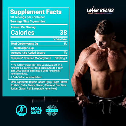 Creatine Monohydrate Gummies - 5g Creapure Creatine per Serving - Vegan, Blue Raspberry Flavor - Boost Muscle Strength, Endurance, Recovery & Mental Focus - 90 Gummies, Gluten-Free
