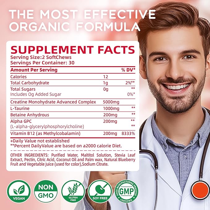 Creatine Monohydrate Chews Complex for Men & Women -Advanced Formula W/L-Taurine + Vitamin B12, Sugar Free Chewable Supplement,60 Strawberry Softchews.