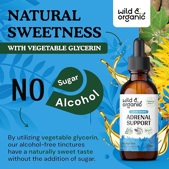 Wild & Organic Adrenal Support Tincture for Positive Outlook - Adrenal Complex with Ashwagandha, Rhodiola Rosea Root - 1-Month Supply - Vegan, No Sugar & Alcohol - 2 fl oz