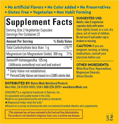 Nature Made Wellblends Calm & Relax, Ashwagandha 125mg, Magnesium 300 mg, 54 Vegetarian Capsules