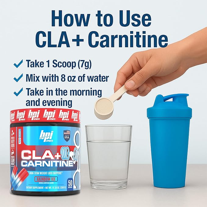 BPI Sports CLA + Carnitine – Conjugated Linoleic Acid – Performance, Lean Muscle – Caffeine Free – For Men & Women – Rainbow Ice – 50 servings – 12.34 Oz. (Packaging may vary)