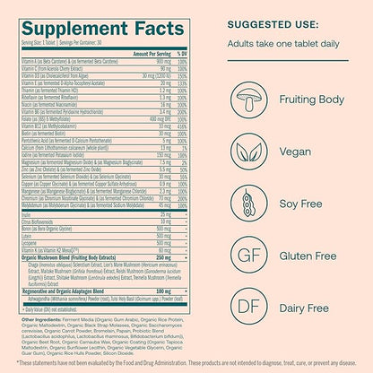 True Grace One Daily Women’s Multivitamin 40+ Fermented Minerals, Organic Adaptogens & Mushrooms Energy, Immune, Bone Support - Non-GMO - Iron, Gluten & Soy Free - 30 Vegan Tablets