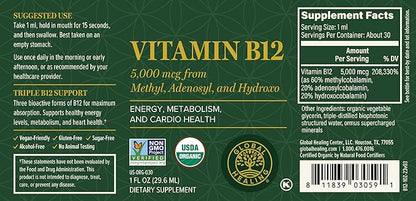 Global Healing Center - Vitamin B12 5000 mcg, Organic Sublingual Liquid Drops | 3-in-1 Methylcobalamin, Adenosylcobalamin, Hydroxo Blend, 1 Fl Oz (2-Pack)