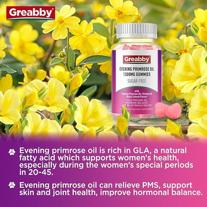 Evening Primrose Oil Gummies 1300mg with Black Cohosh & Vitamin B6, Sugar-Free, PMS Relief Supplements for Women 20-45, Chewable PMS Gummies, Strawberry Flavor, Vegan, Pectin, 60 Count