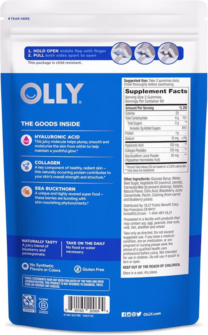OLLY Glowing Skin Collagen Gummy, Hydrated, Youthful Skin, Hyaluronic Acid, Sea Buckthorn, Chewable Supplement, Berry, 60 Day Supply - 120 Count Pouch