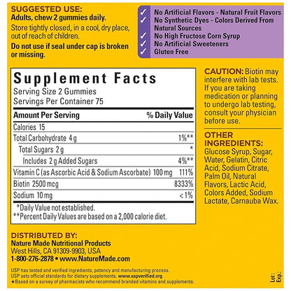 Nature Made Hair Skin and Nails with Biotin 2500 mcg, Dietary Supplement for Healthy Hair, Skin & Nails Support, 150 Gummies, 75 Day Supply