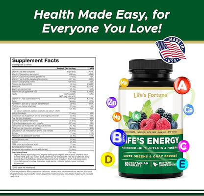 Life's Fortune Life's Energy Advanced Multi-Vitamin and Mineral for Men & Women, Non-GMO - Super Greens - ORAC Berries - AntiOxidants - Enzymes - Iron Free - GMP Tested, 60 Veggie Tablets