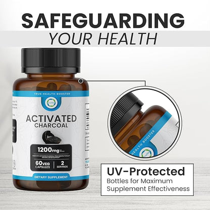 Activated Charcoal Capsules 1200 MG, 60 Veg Caps, 30-Days Premium Detox & Digestive Support, Gas & Bloating Relief, Organic Coconut Shell Charcoal, Gut Health, USA Made.
