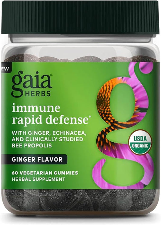 Gaia Herbs Organic Immune Rapid Defense Gummies - Supports Immunity - with Propolis, Ginger, and Echinacea - 60 Vegan Gummies (30-Day Supply)