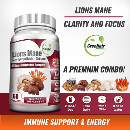 Complete Mushroom Supplement -10 in 1 Complex with Lions Mane, Cordyceps, Shiitake, Chaga, Turkey Tail for Immune Support, Memory, Focus & Natural Energy Booster - 180 Capsules (3 Bottles)