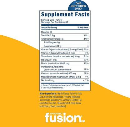 Bariatric Fusion Bariatric Calcium Chews | Calcium Citrate with Vitamin D3 Calcium Supplement Bariatric Vitamin | Sugar Free Calcium Citrate Chewable | Calcium Citrate 500mg | Lemon | 60 Count
