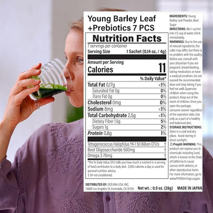 Digestive Enzymes with Probiotics and Prebiotics for All Types, Women & Men, Super Greens Made with Young Barley Leaf Powder & Probiotic Powder from Japan, 7 Portable Sachets