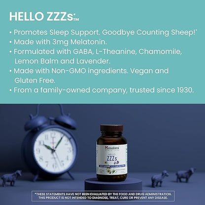 Himalaya Hello ZZZs with GABA, L-Theanine and Melatonin 3mg for Sleep Support and Occasional Sleeplessness, 60 Capsules, 2 Month Supply