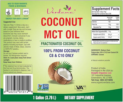 Verdana MCT Oil, Fractionated, 100% from Coconut - 1 Gallon - Kosher Food Grade, Vegan, Non-GMO - Great for Keto and Paleo Diet, Oil Pulling Oral Rinse Mouthwash (128 Fl Oz)