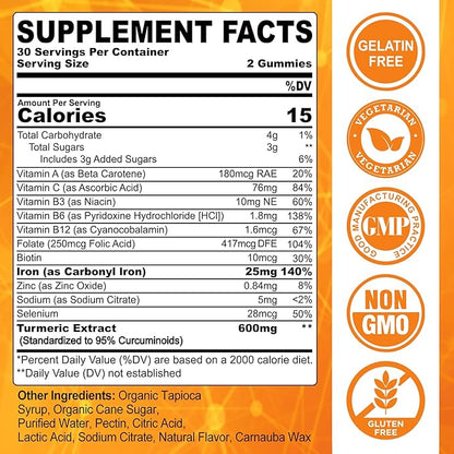 NEVISS Vegan Iron Gummies for Women & Men – Carbonyl Iron 25mg & Turmeric Extract 600mg with Vitamins C, A, B6, B12 & Folate Gummy Supplement for Energy, Immune & Red Blood Cell Support, 120Cts