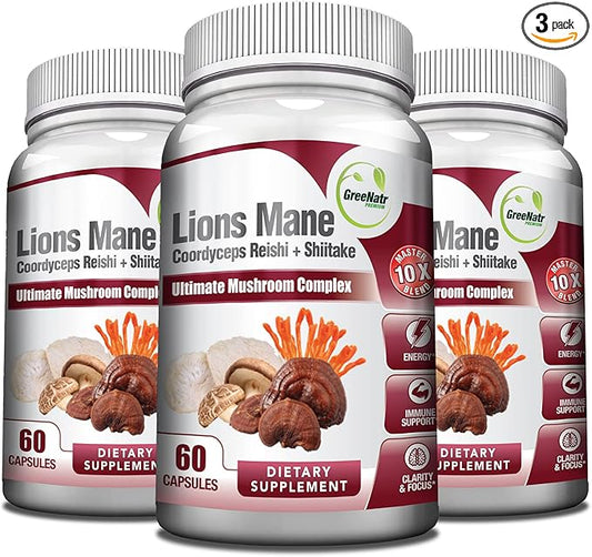 Complete Mushroom Supplement -10 in 1 Complex with Lions Mane, Cordyceps, Shiitake, Chaga, Turkey Tail for Immune Support, Memory, Focus & Natural Energy Booster - 180 Capsules (3 Bottles)
