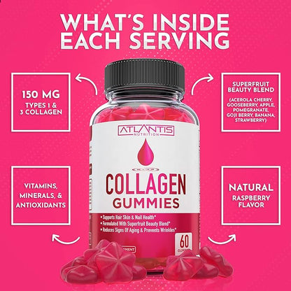 Atlantis Nutrition Collagen Peptides Gummies for Women - Formulated with Type I & III - Vitamin & Superfruit Beauty Blend - Formulated to Support Hair, Nail & Skin Health | 60 Count