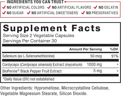 FORCE FACTOR Cordyceps Capsules with 1000mg of Cordyceps Sinensis Mushroom Extract, Traditionally Used to Improve Vitality, with BioPerine for Quick Absorption, Key Natural Ingredients, 60 Capsules