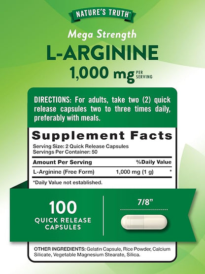 Nature's Truth L-Arginine 1000mg | 100 Capsules | Mega Strength | Non-GMO & Gluten Free Supplement