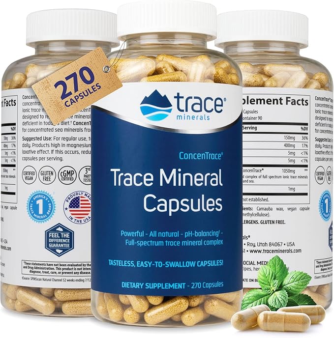 Trace Minerals Low-Sodium ConcenTrace Capsules - Supplement to Support Bone Health & Body Energy - Healthy Hydration & Electrolyte Support Supplement - 270 Capsules (90 Servings