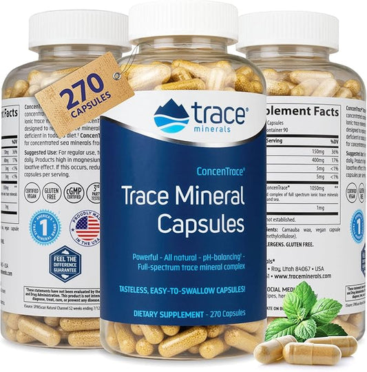 Trace Minerals Low-Sodium ConcenTrace Capsules - Supplement to Support Bone Health & Body Energy - Healthy Hydration & Electrolyte Support Supplement - 270 Capsules (90 Servings