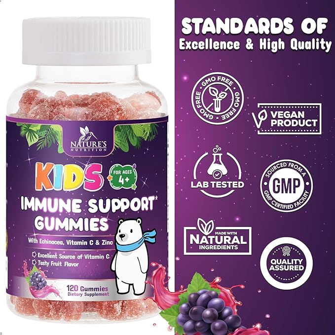 Kids Immune Support Gummy - Vitamin C, Zinc & Echinacea, Berry Flavor Children's Daily Immune Health Support Gummies for Ages 4 and Up, Nature's Vitamins for Kids, Vegan & Non-GMO - 120 Gummies