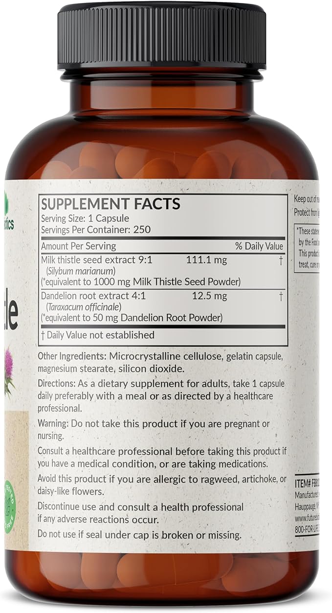 Futurebiotics Milk Thistle Silymarin Marianum & Dandelion Root Liver Health Support, Antioxidant Support, Detox, 250 Capsules