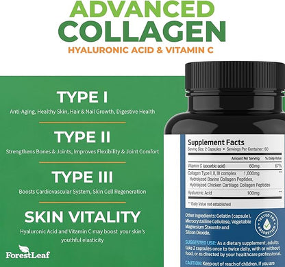 ForestLeaf Multi Collagen Pills with Hyaluronic Acid + Vitamin C | Hydrolyzed Collagen Supplements for Women or Men | Multi Collagen Capsules Peptides for Skin, Wrinkles, 240