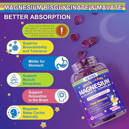 Magnesium Glycinate Gummies for Adults & Kids 4+, Sugar Free Magnesium Bisglycinate Supplement 400/200mg with B6D3, 5HTP, L-Theanine for Sleep & Relaxation, Brain, Muscle, Melatonin Free Gummies,2Pack