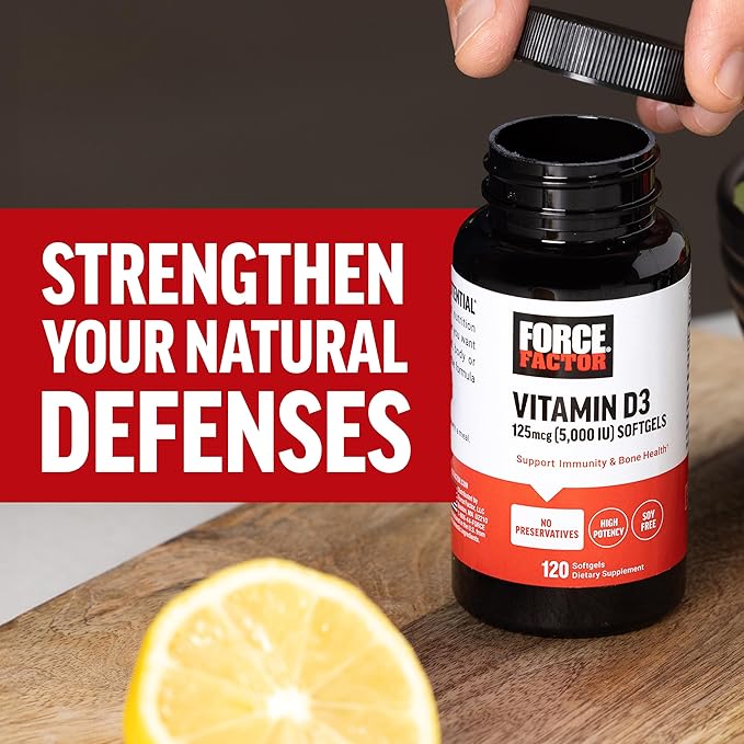 FORCE FACTOR Vitamin D3 5000 IU Softgels, High-Potency Vitamin D Supplement to Support Immunity and Bone Health, Premium Quality, No Preservatives, 120 Softgels