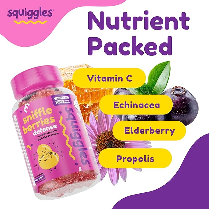 Squiggles Sniffle Berries Elderberry Gummies with Bee Propolis & Echinacea, Kids Immune Booster, Propolis Gummies for Health, Toddler Vitamins for Immune Support, Tasty Chewy Gummy (100 Count)