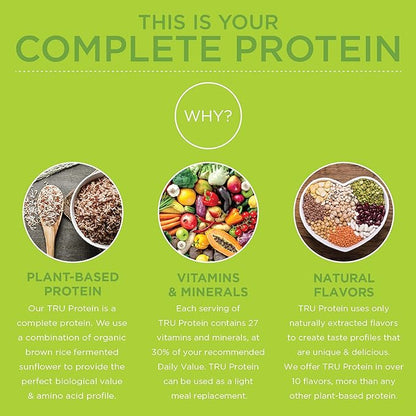 TRU Supplements Plant Based Protein Powder, BCAA, EAA, 20g Vegan Brown Rice & Pea Protein, 100 Calories, 27 Vitamins, No Artificial Flavors 25 Servings (Strawberry Jam)