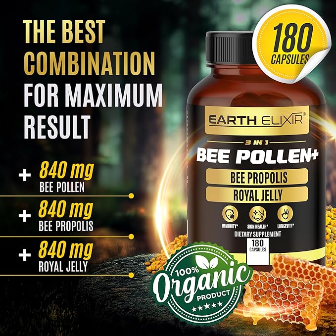 3-in-1 Bee Pollen Organic 840mg (180 Caps) W/ 840mg Bee Propolis Capsule & 840mg Royal Jelly Capsule - 3rd Party Tested - Bee Pollen Supplement - Organic Bee Pollen Capsule -No Fillers